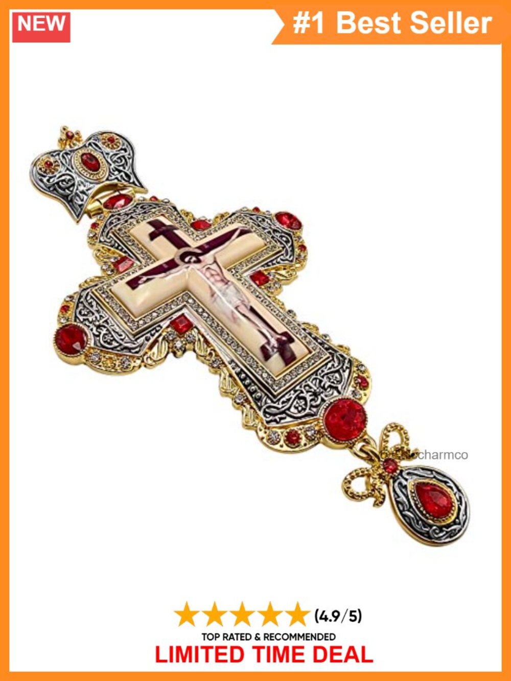 18K Gold Plated Pectoral Cross Necklace Zircon Accents 24" Chain Clergy